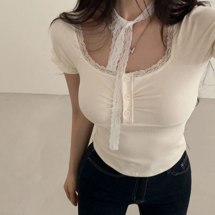 【タイ付き】レースシャーリングクロップ半袖Tシャツ BEIGE