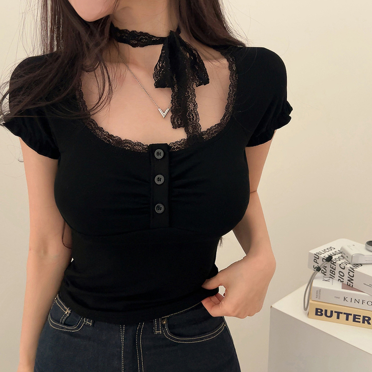 【タイ付き】レースシャーリングクロップ半袖Tシャツ BLACK