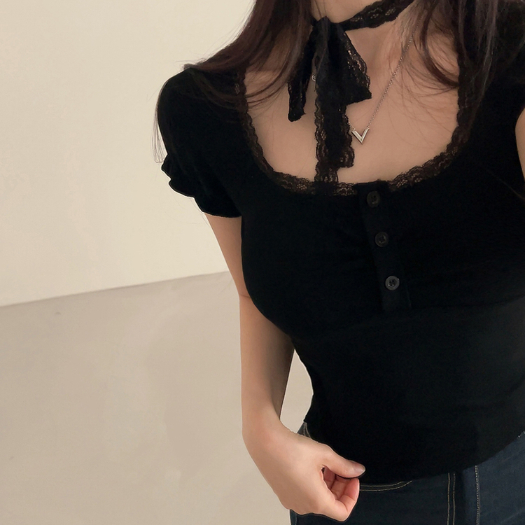 半袖Tシャツ 【タイ付き】レースシャーリングクロップ半袖Tシャツ BLACK