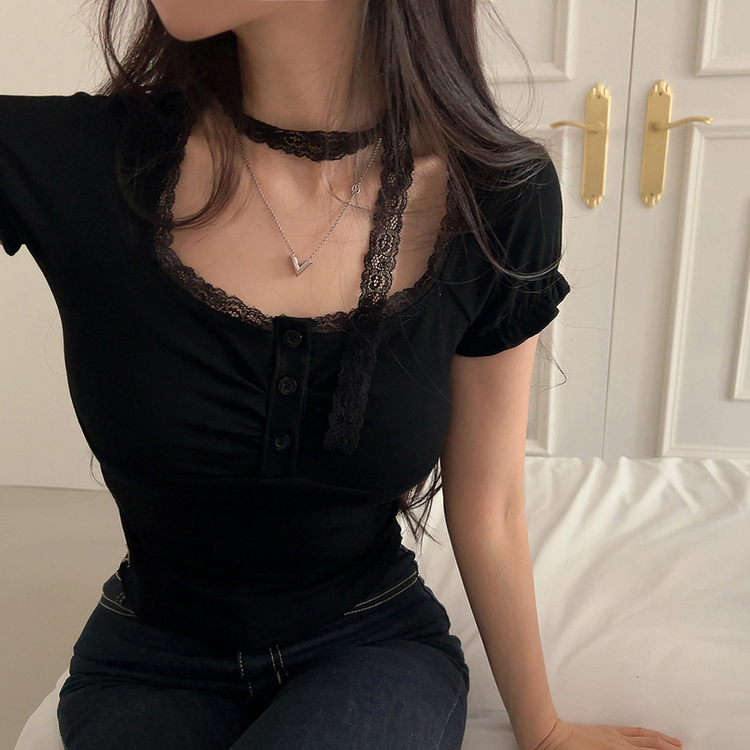 【タイ付き】レースシャーリングクロップ半袖Tシャツ BLACK