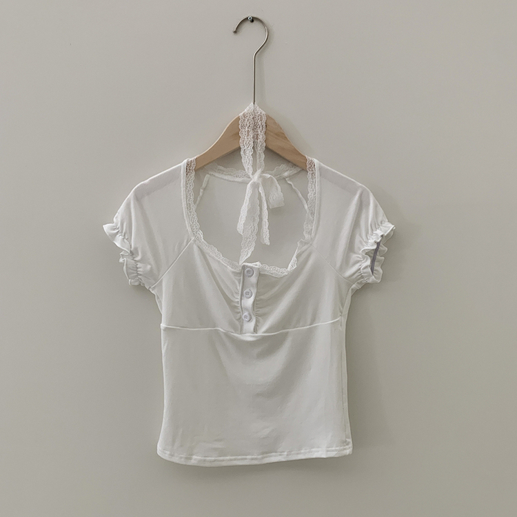 【タイ付き】レースシャーリングクロップ半袖Tシャツ