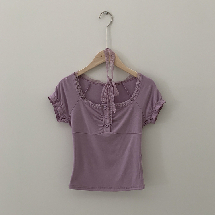 【タイ付き】レースシャーリングクロップ半袖Tシャツ