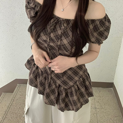 ブラウス チェックリボンアンバランス半袖ブラウス BROWN