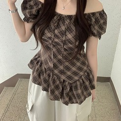 ブラウス チェックリボンアンバランス半袖ブラウス BROWN