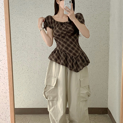 ブラウス チェックリボンアンバランス半袖ブラウス BROWN