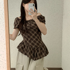 ブラウス チェックリボンアンバランス半袖ブラウス BROWN