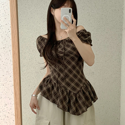 ブラウス チェックリボンアンバランス半袖ブラウス BROWN