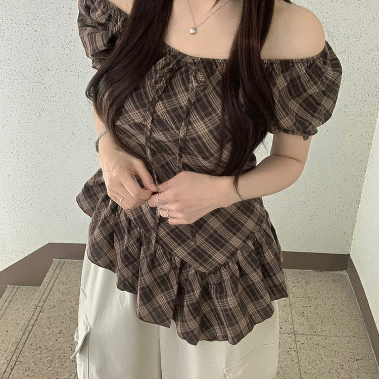 チェックリボンアンバランス半袖ブラウス BROWN