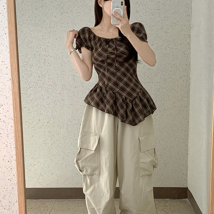 チェックリボンアンバランス半袖ブラウス BROWN