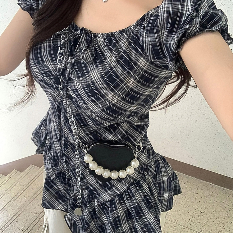 チェックリボンアンバランス半袖ブラウス BLACK