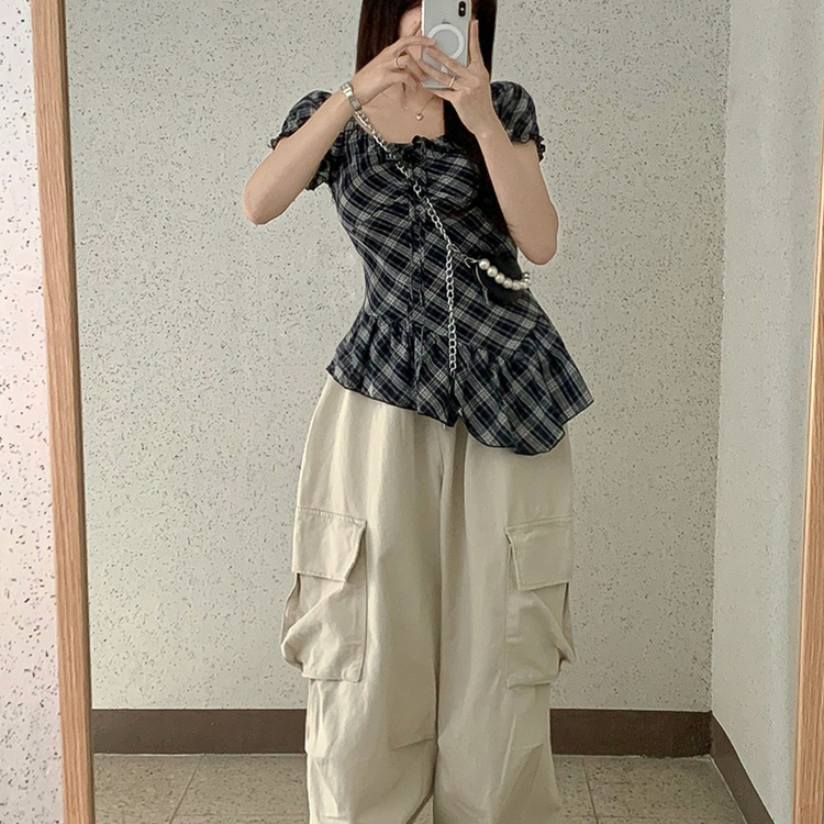 チェックリボンアンバランス半袖ブラウス BLACK