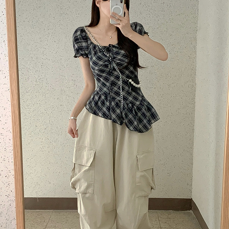 チェックリボンアンバランス半袖ブラウス BLACK