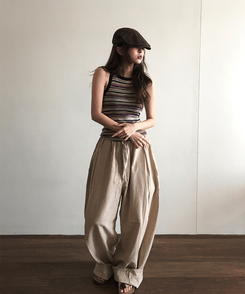 ノースリーブ ストライプロングホルターキャミソール BEIGE