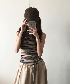 ノースリーブ ストライプロングホルターキャミソール BEIGE