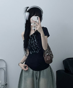 半袖Tシャツ ワンショルダースリム半袖Tシャツ BLACK
