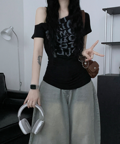 半袖Tシャツ ワンショルダースリム半袖Tシャツ BLACK