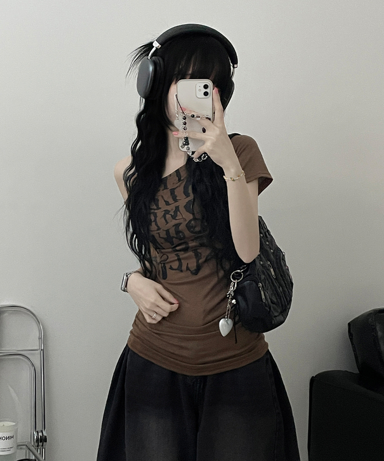 半袖Tシャツ ワンショルダースリム半袖Tシャツ BROWN