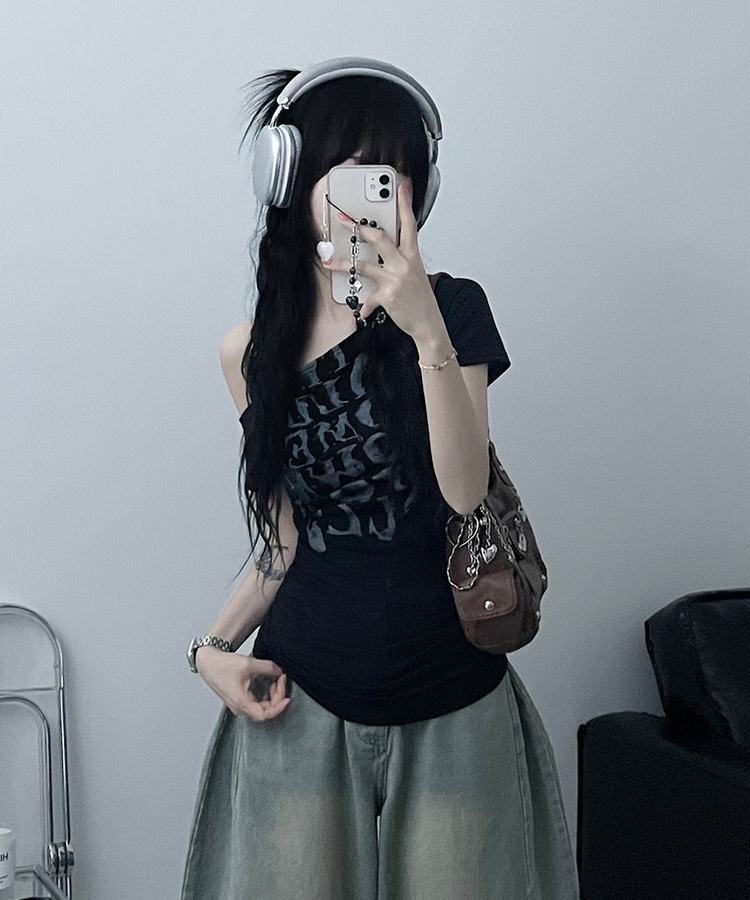 ワンショルダースリム半袖Tシャツ BLACK