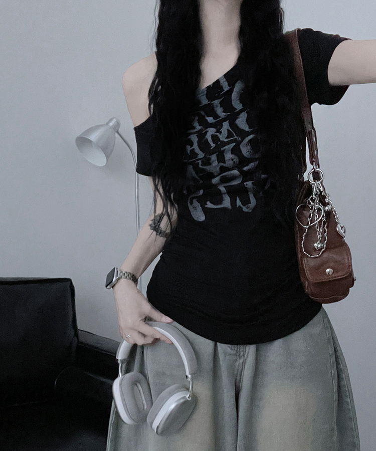 ワンショルダースリム半袖Tシャツ BLACK