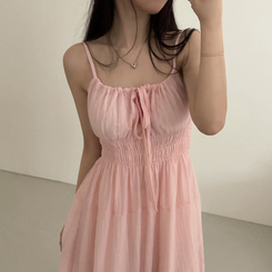 ロングワンピース スモークリボンロングワンピース PINK