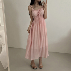 ロングワンピース スモークリボンロングワンピース PINK