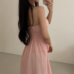 ロングワンピース スモークリボンロングワンピース PINK