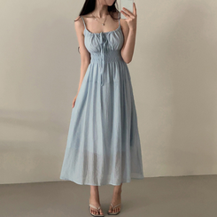 ロングワンピース スモークリボンロングワンピース SKY BLUE