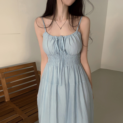 ロングワンピース スモークリボンロングワンピース SKY BLUE