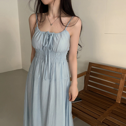 ロングワンピース スモークリボンロングワンピース SKY BLUE