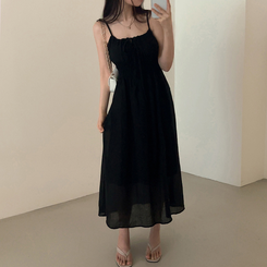 ロングワンピース スモークリボンロングワンピース BLACK