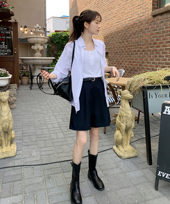 スラックス ハーフピンタックバミューダスラックス DARK NAVY