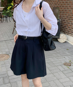スラックス ハーフピンタックバミューダスラックス DARK NAVY