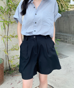 スラックス ハーフピンタックバミューダスラックス DARK NAVY