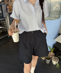スラックス ハーフピンタックバミューダスラックス DARK NAVY