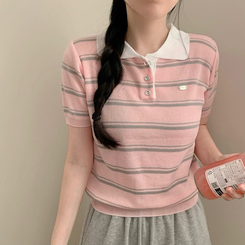 ニット ストライプサマー半袖ニット PINK