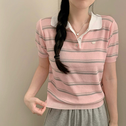 ニット ストライプサマー半袖ニット PINK