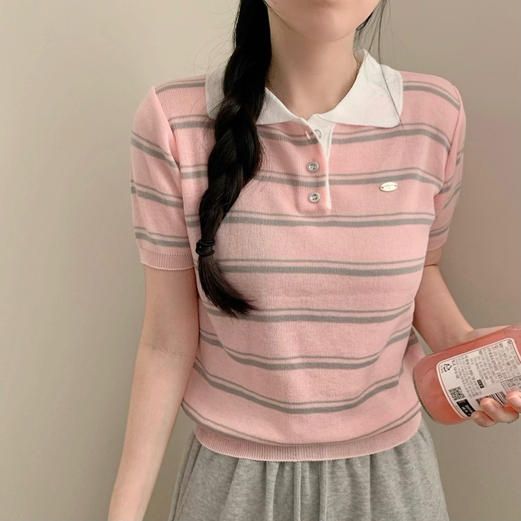 ストライプサマー半袖ニット PINK