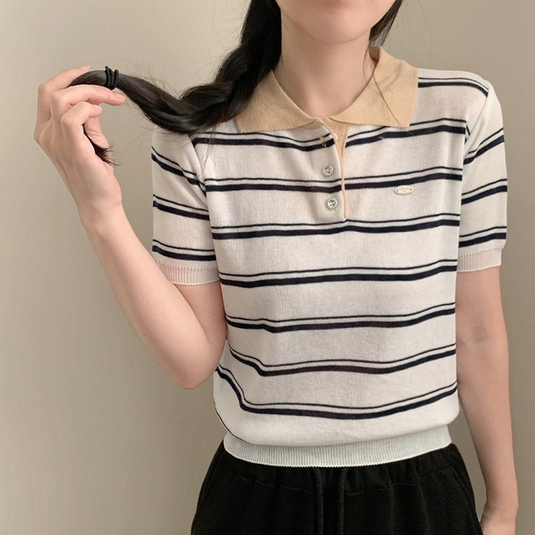 ストライプサマー半袖ニット IVORY