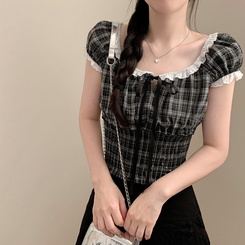 チェックレーススパフ袖半袖ブラウス BLACK