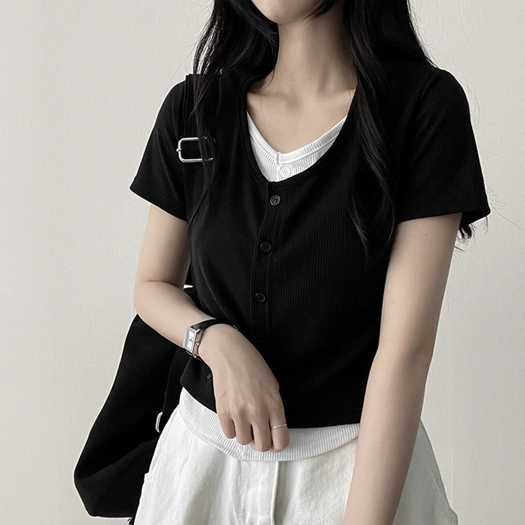 スパンバイカラーレイヤード半袖Tシャツ BLACK