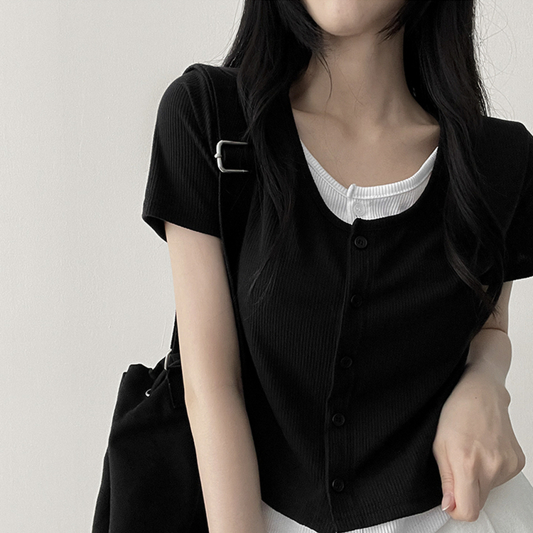 スパンバイカラーレイヤード半袖Tシャツ BLACK