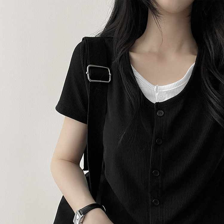 スパンバイカラーレイヤード半袖Tシャツ BLACK