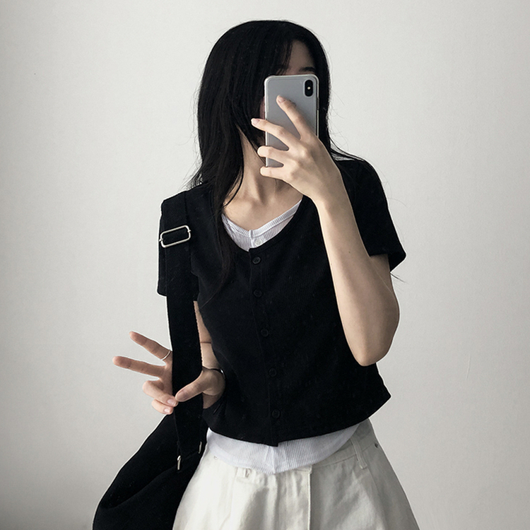 スパンバイカラーレイヤード半袖Tシャツ BLACK