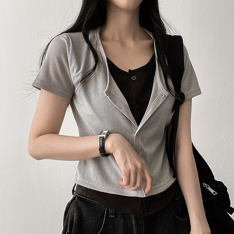 スパンバイカラーレイヤード半袖Tシャツ BEIGE