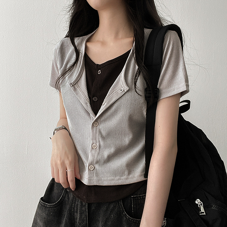 スパンバイカラーレイヤード半袖Tシャツ BEIGE