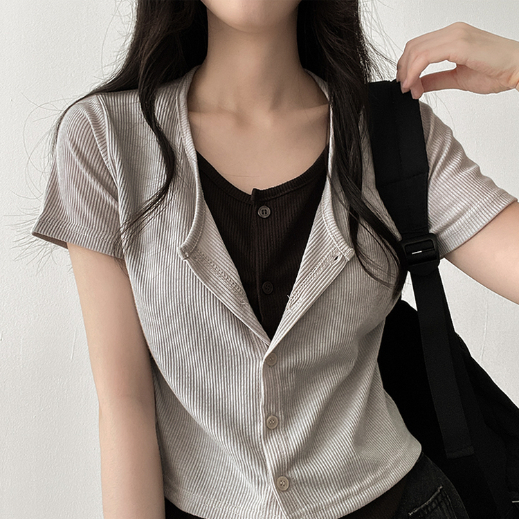 スパンバイカラーレイヤード半袖Tシャツ BEIGE