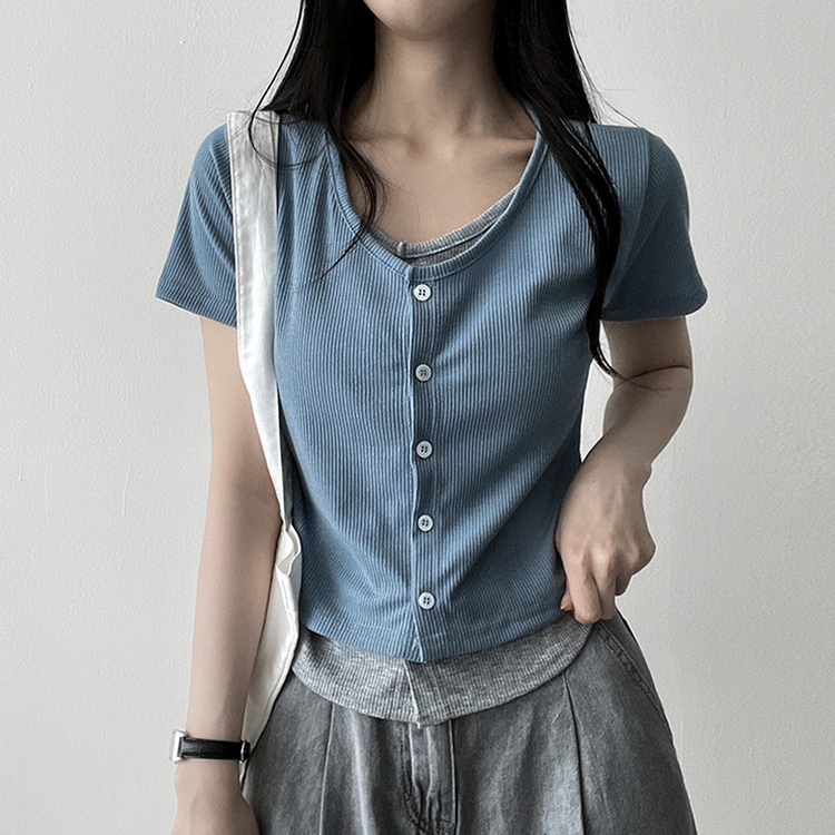 スパンバイカラーレイヤード半袖Tシャツ SKY BLUE