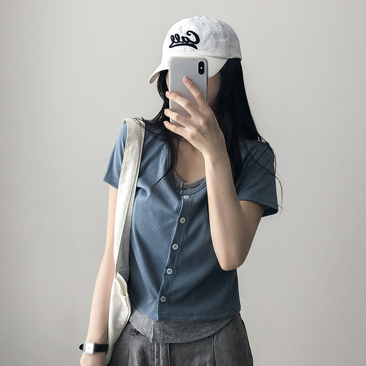 スパンバイカラーレイヤード半袖Tシャツ SKY BLUE