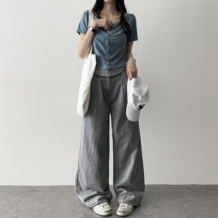 スパンバイカラーレイヤード半袖Tシャツ SKY BLUE