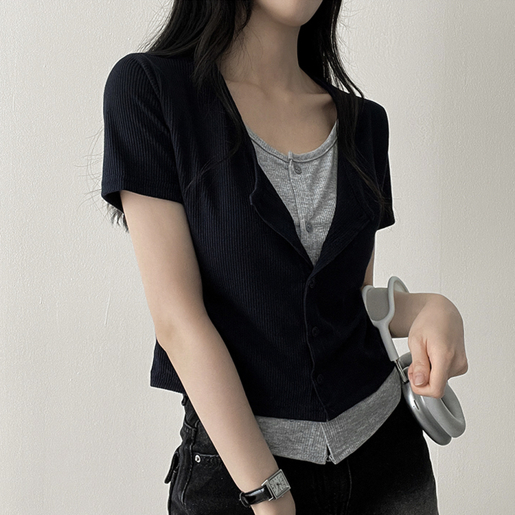 スパンバイカラーレイヤード半袖Tシャツ NAVY